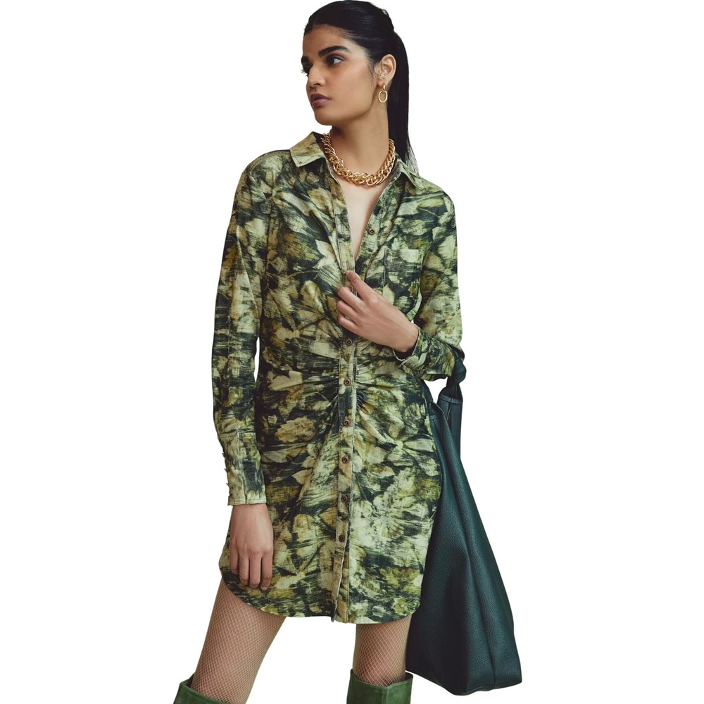 Pilcro Anthropologie Ruched Corduroy Shirt Dress Green Abstract Print Size 4